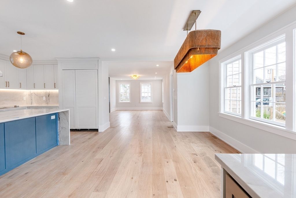 Chandelier, Empty room, Interior, Kitchen, Pendant Lights, Recessed Lighting, Wood Texture Flooring