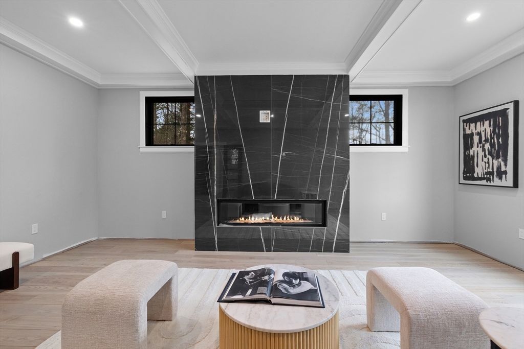Fireplace, Interior, Living room, Recessed Lighting, Wood Texture Flooring