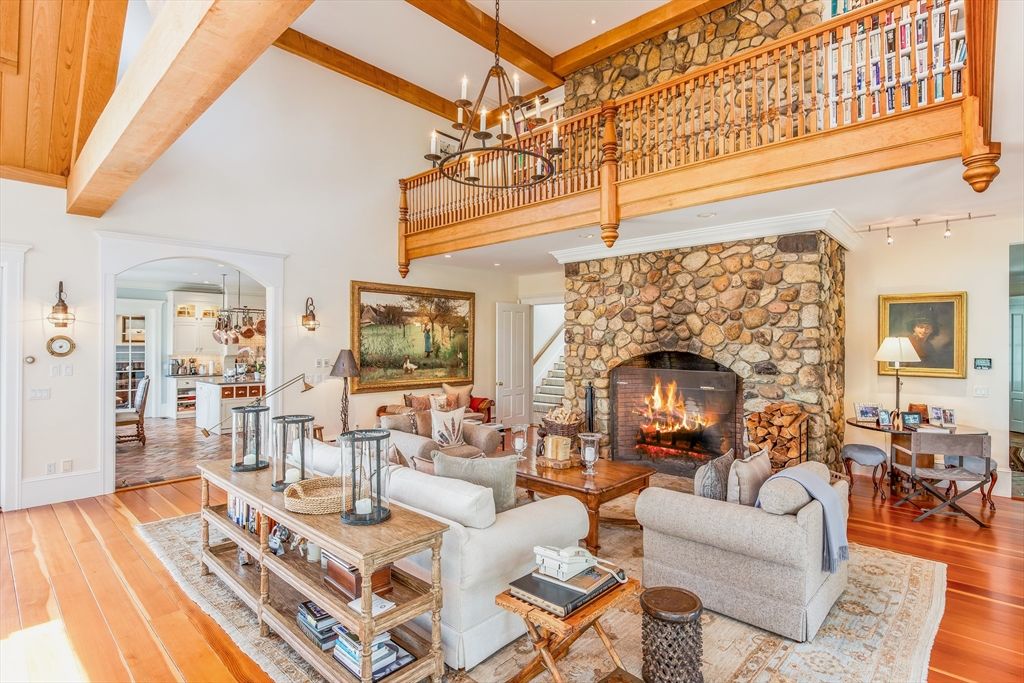 Chandelier, Fireplace, Interior, Living room, Recessed Lighting, Stone Walls, Wooden Beams, Wood Texture Flooring