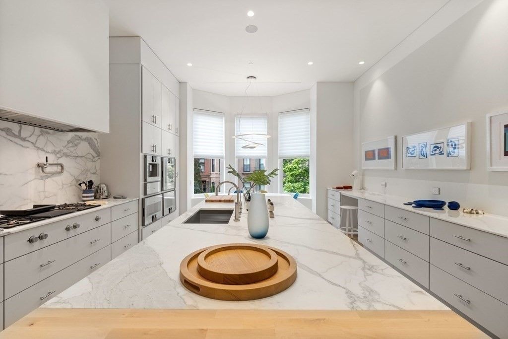 Interior, Kitchen, Marble Walls, Recessed Lighting, Wood Texture Flooring
