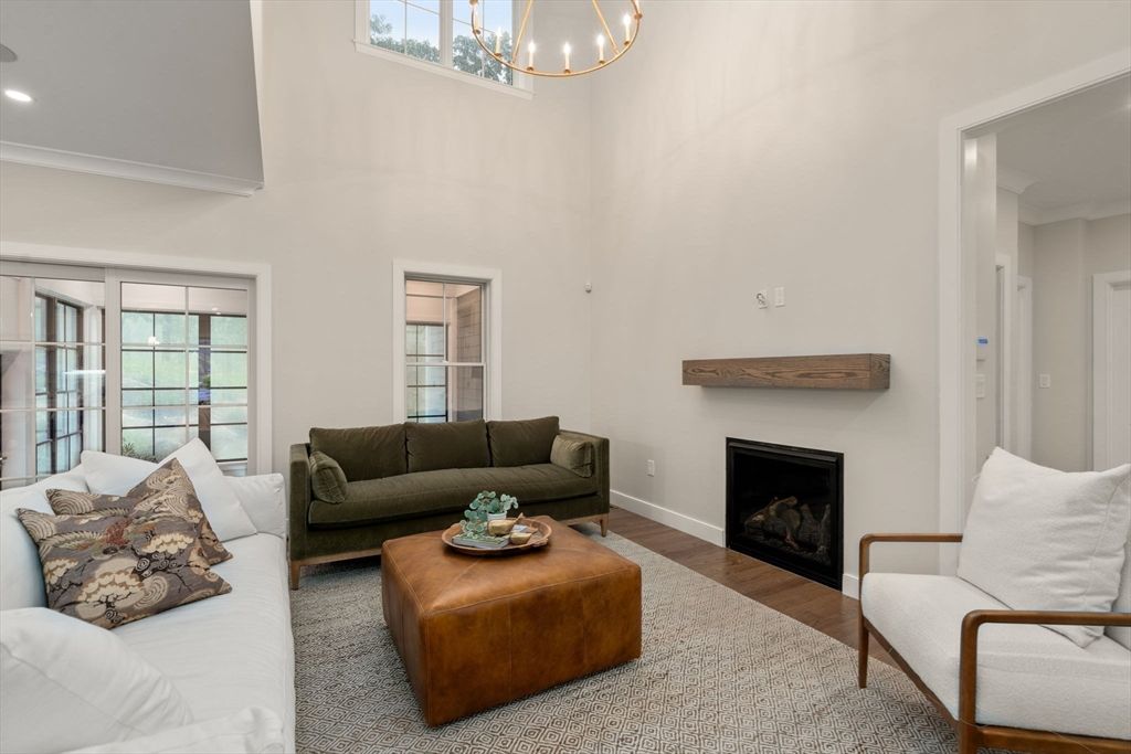 Fireplace, Interior, Living room, Recessed Lighting, Wood Texture Flooring