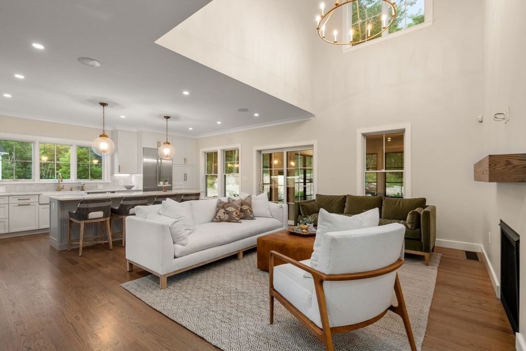 Fireplace, Interior, Kitchen, Living room, Pendant Lights, Recessed Lighting, Wood Texture Flooring