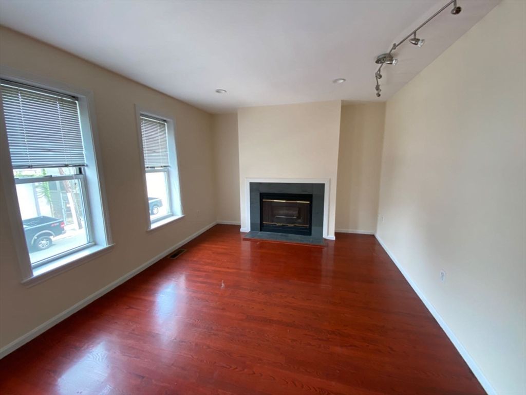Empty room, Fireplace, Interior, Recessed Lighting, Wood Texture Flooring