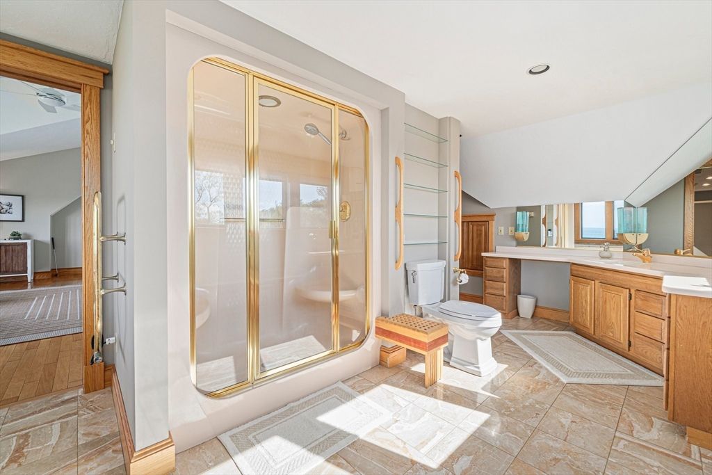 Bathroom, Glass Shower, Interior, Recessed Lighting, Wood Texture Flooring