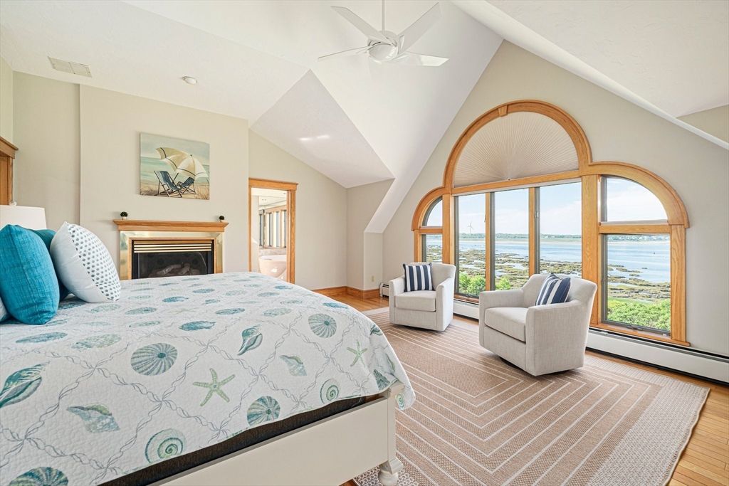 Bedroom, Fireplace, Interior, Water, Wood Texture Flooring