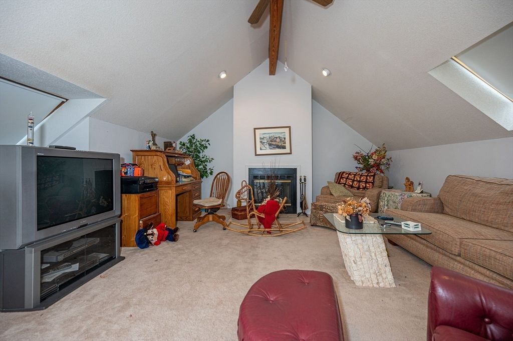 Fireplace, Interior, Living room, Piano, Recessed Lighting, Wooden Beams