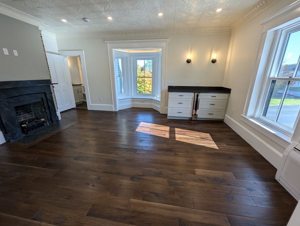 Empty room, Fireplace, Interior, Recessed Lighting, Wood Texture Flooring