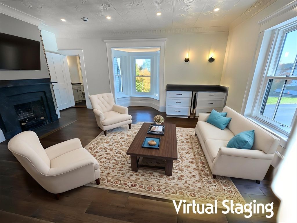 Fireplace, Interior, Living room, Recessed Lighting, Wood Texture Flooring