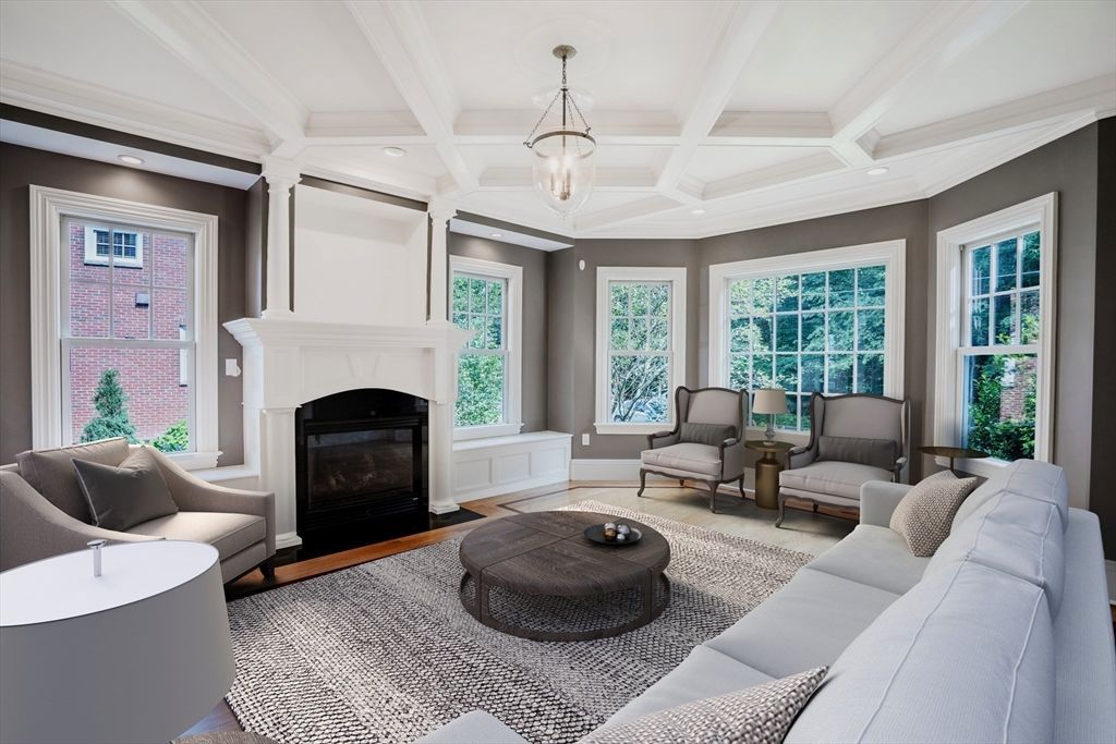 Fireplace, Interior, Living room, Pendant Lights, Recessed Lighting, Wood Texture Flooring