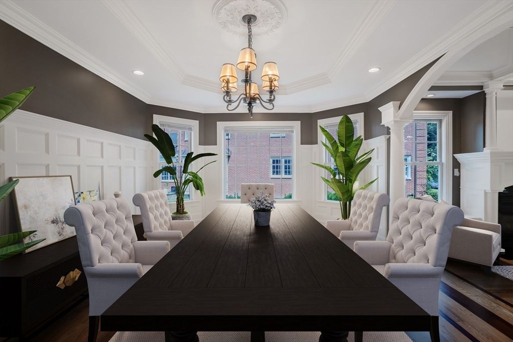 Chandelier, Dining room, Fireplace, Interior, Recessed Lighting, Wood Texture Flooring
