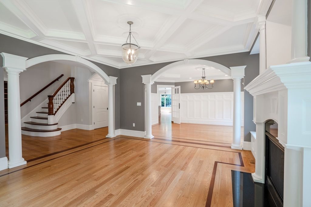 Chandelier, Empty room, Fireplace, Interior, Pendant Lights, Wood Texture Flooring
