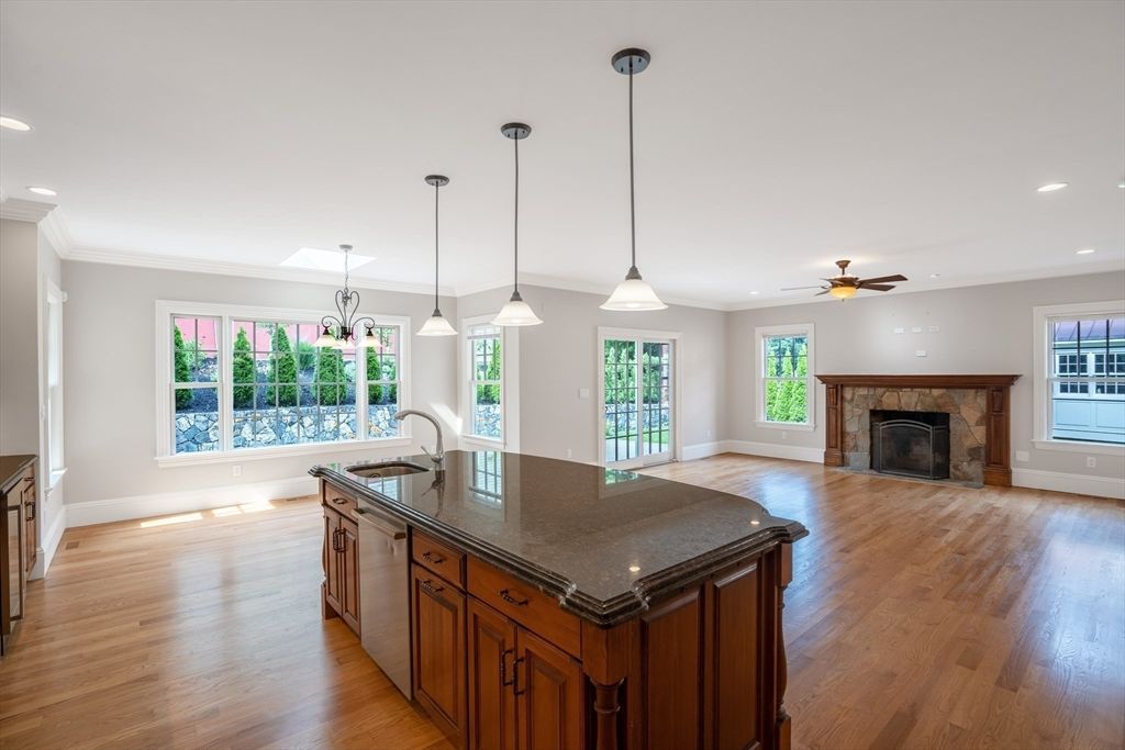 Fireplace, Interior, Kitchen, Pendant Lights, Recessed Lighting, Wood Texture Flooring