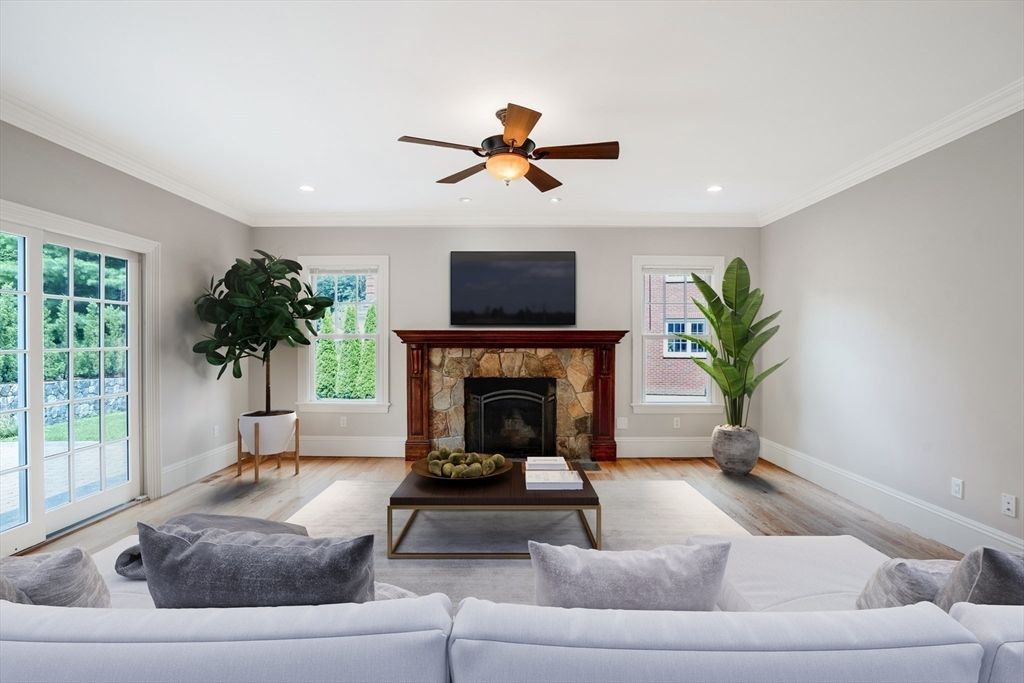 Fireplace, Interior, Living room, Recessed Lighting, Wood Texture Flooring