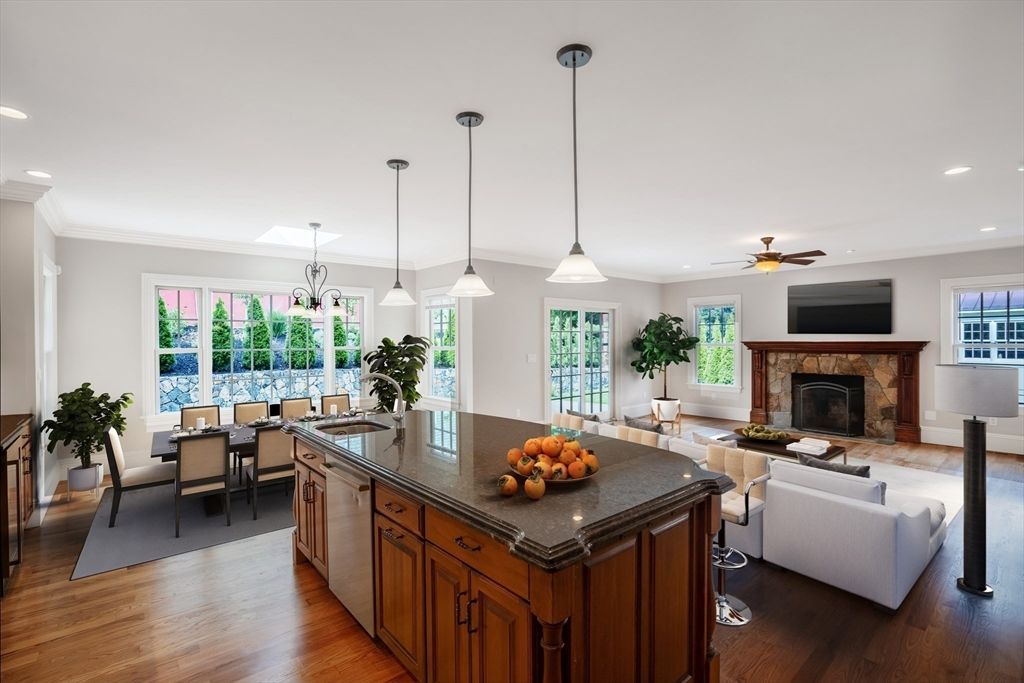 Dining room, Fireplace, Interior, Kitchen, Living room, Pendant Lights, Recessed Lighting, Wood Texture Flooring