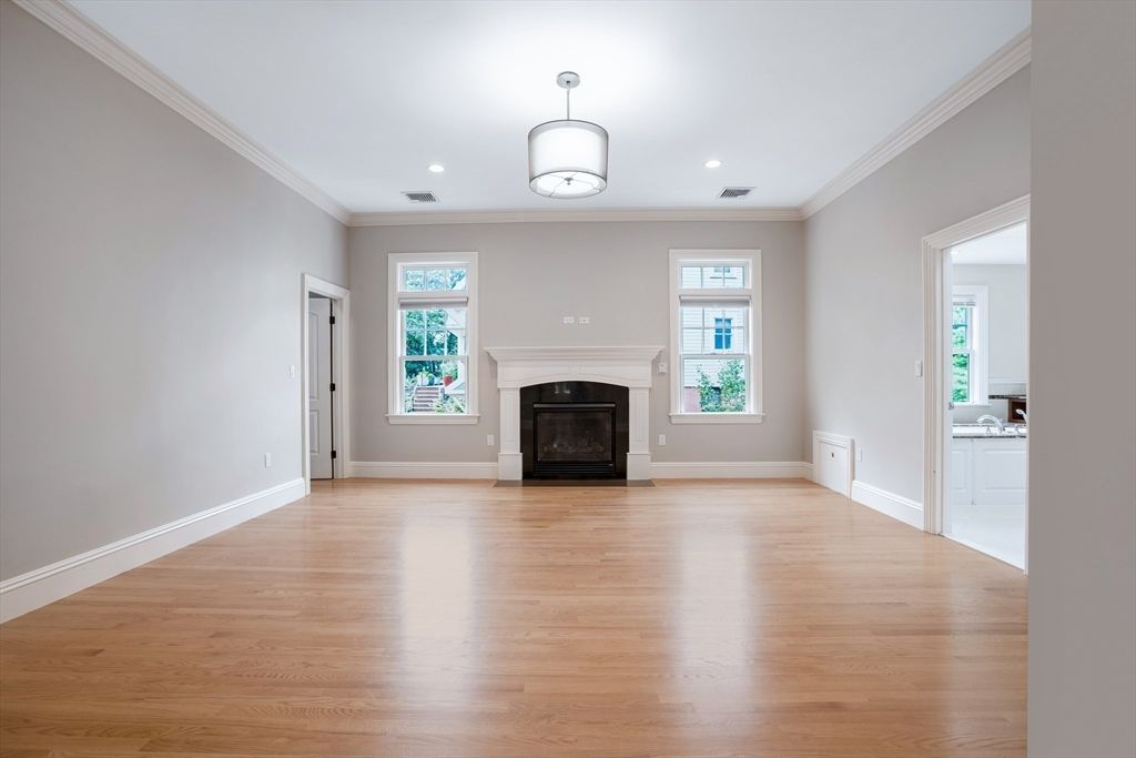 Empty room, Fireplace, Interior, Recessed Lighting, Wood Texture Flooring