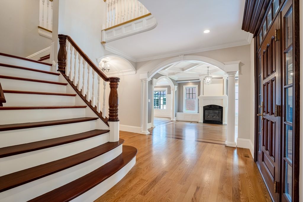 Fireplace, Interior, Pendant Lights, Recessed Lighting, Wood Texture Flooring