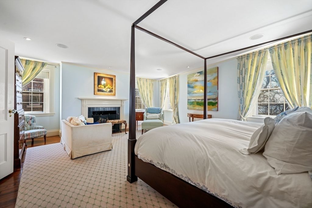 Bedroom, Fireplace, Interior, Recessed Lighting, Wood Texture Flooring