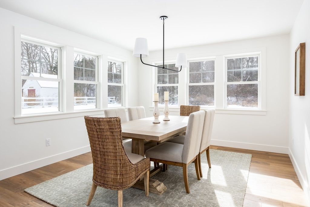 Dining room, Interior, Pendant Lights, Wood Texture Flooring