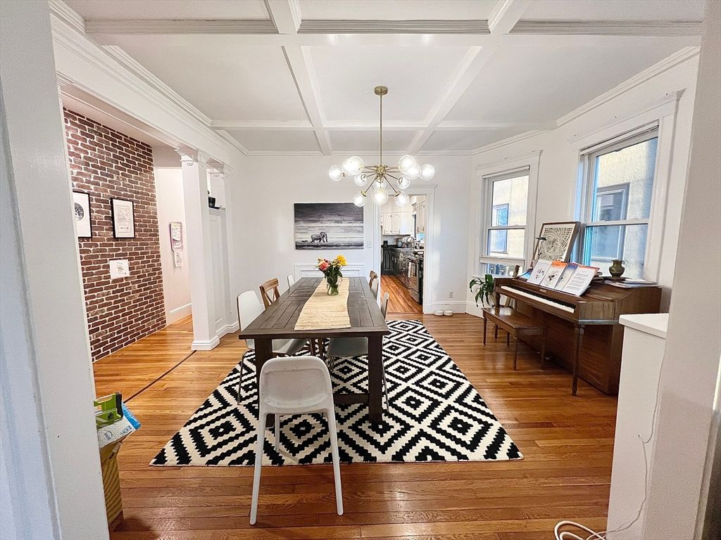 Dining room, Interior, Pendant Lights, Piano, Stone Walls, Wood Texture Flooring