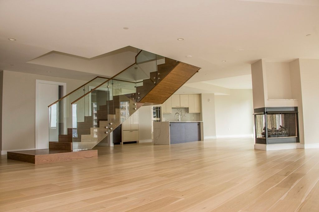 Fireplace, Interior, Kitchen, Recessed Lighting, Wood Texture Flooring