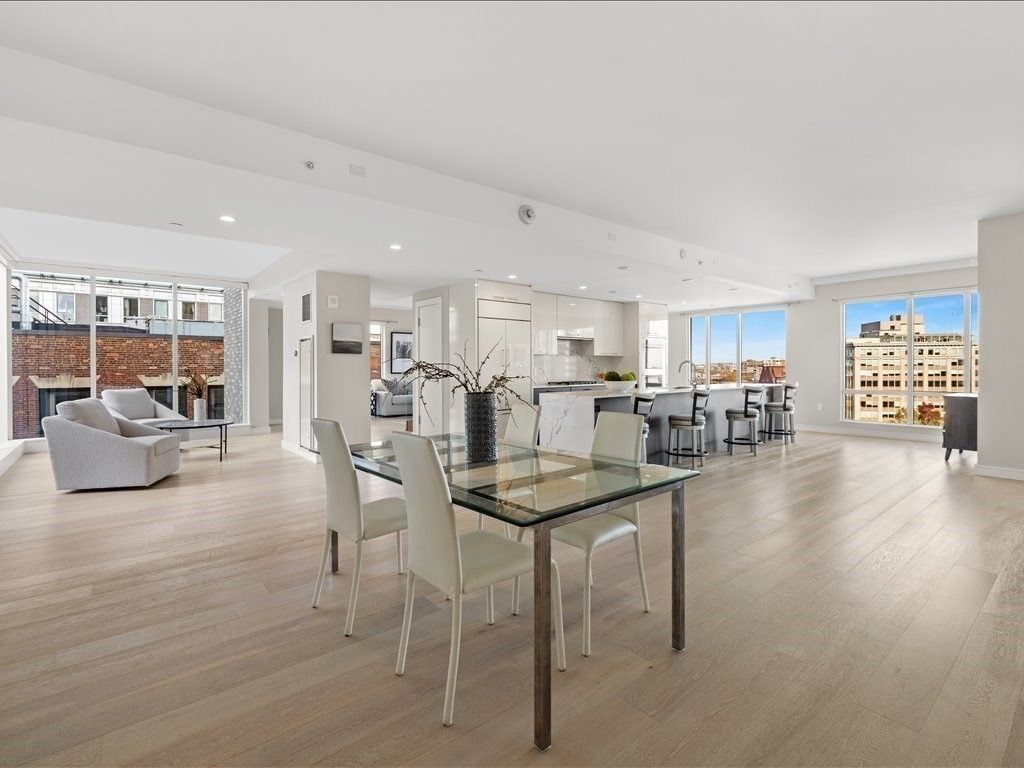 Dining room, Interior, Kitchen, Living room, Recessed Lighting, Stainless Steel Appliances, Wood Texture Flooring
