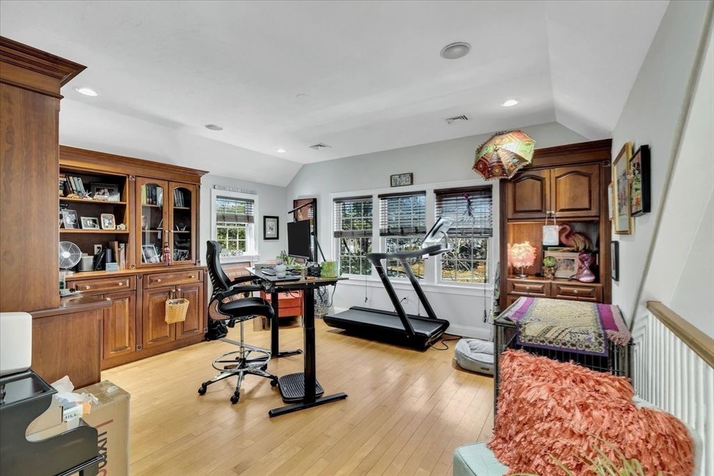 Fitness Equipment, Home Office, Interior, Recessed Lighting, Wood Texture Flooring