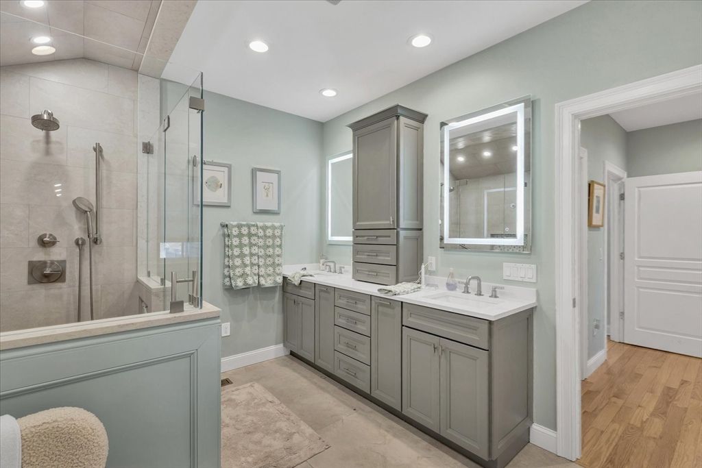 Bathroom, Dual Sink Vanities, Glass Shower, Interior, Recessed Lighting, Wood Texture Flooring