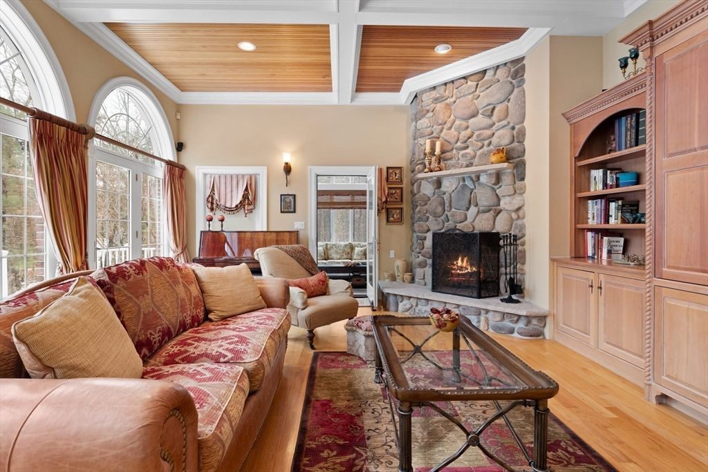 Fireplace, Interior, Living room, Recessed Lighting, Stone Walls, Wooden Ceilings, Wood Texture Flooring