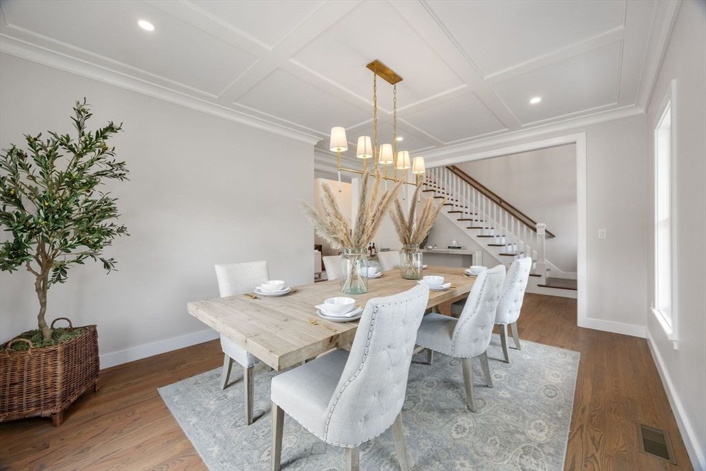 Chandelier, Dining room, Interior, Pendant Lights, Recessed Lighting, Wood Texture Flooring