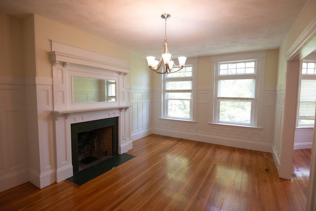 Chandelier, Empty room, Fireplace, Interior, Wood Texture Flooring