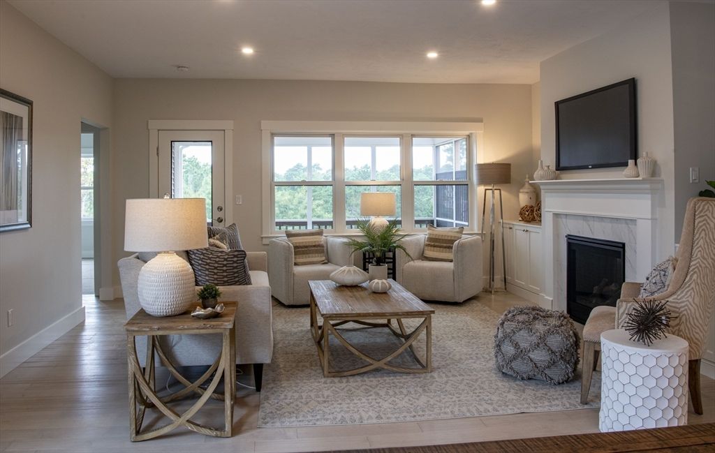 Fireplace, Interior, Living room, Recessed Lighting, Wood Texture Flooring