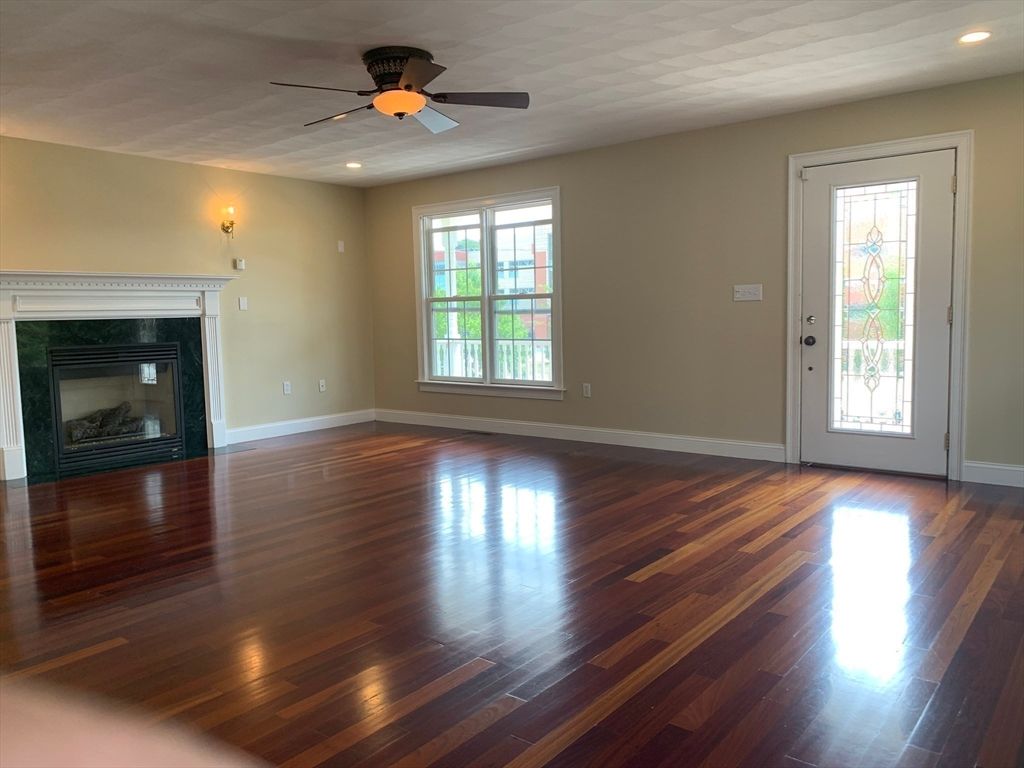 Empty room, Fireplace, Interior, Recessed Lighting, Wood Texture Flooring