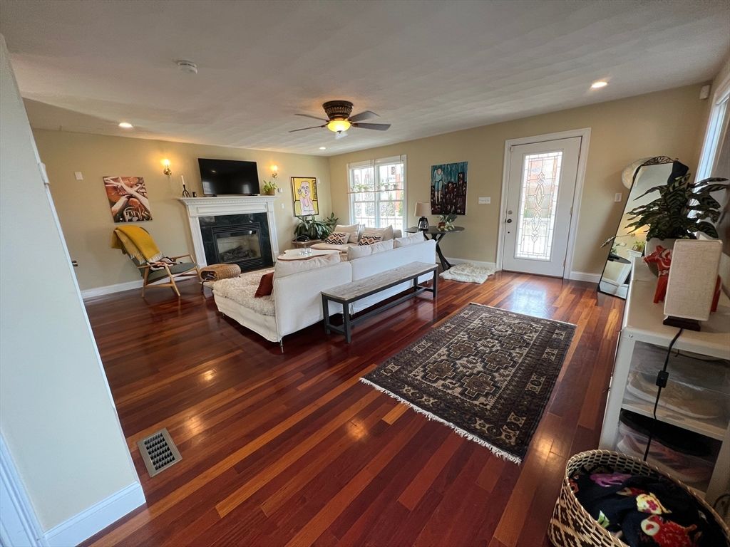 Fireplace, Interior, Living room, Recessed Lighting, Wood Texture Flooring