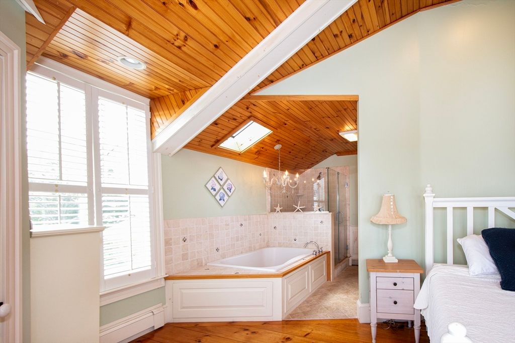 Bathroom, Bedroom, Glass Shower, Interior, Recessed Lighting, Wooden Ceilings, Wood Texture Flooring