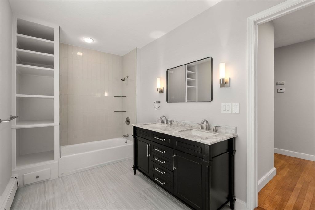 Bathroom, Dual Sink Vanities, Interior, Recessed Lighting, Wood Texture Flooring