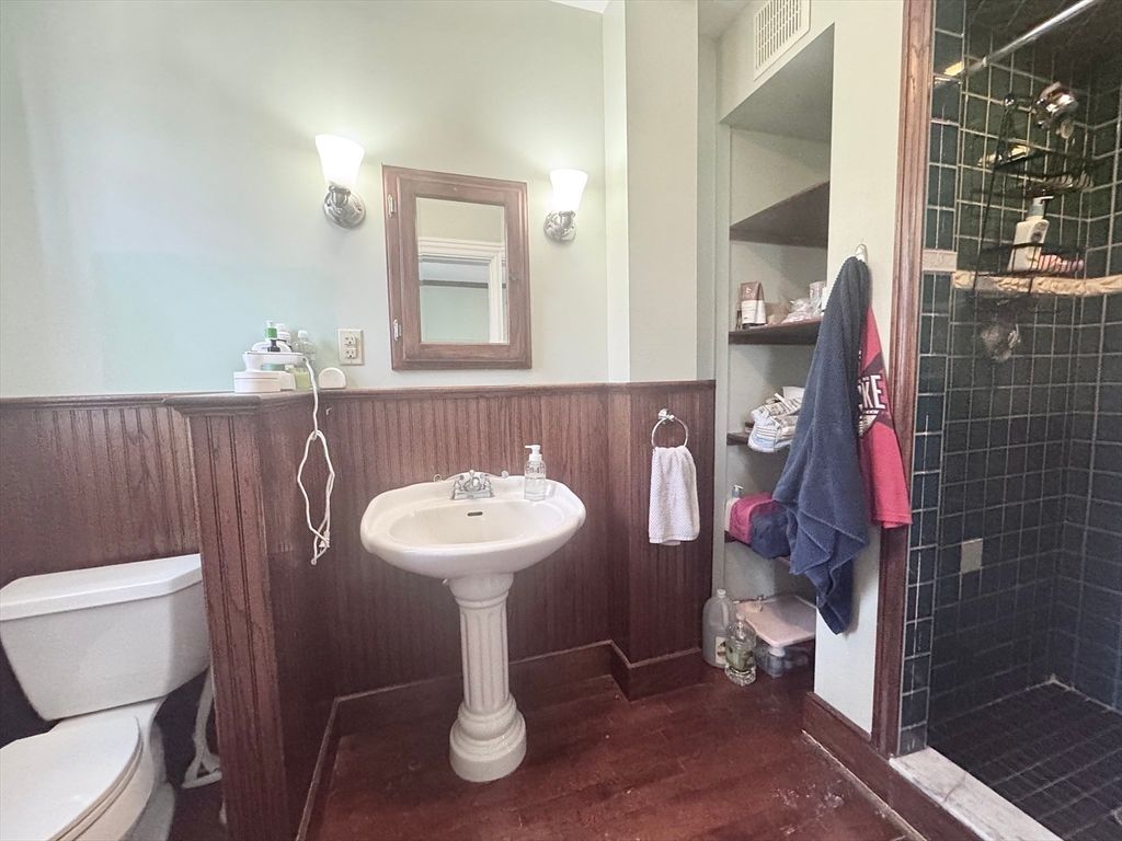 Bathroom, Glass Shower, Interior, Wood Texture Flooring