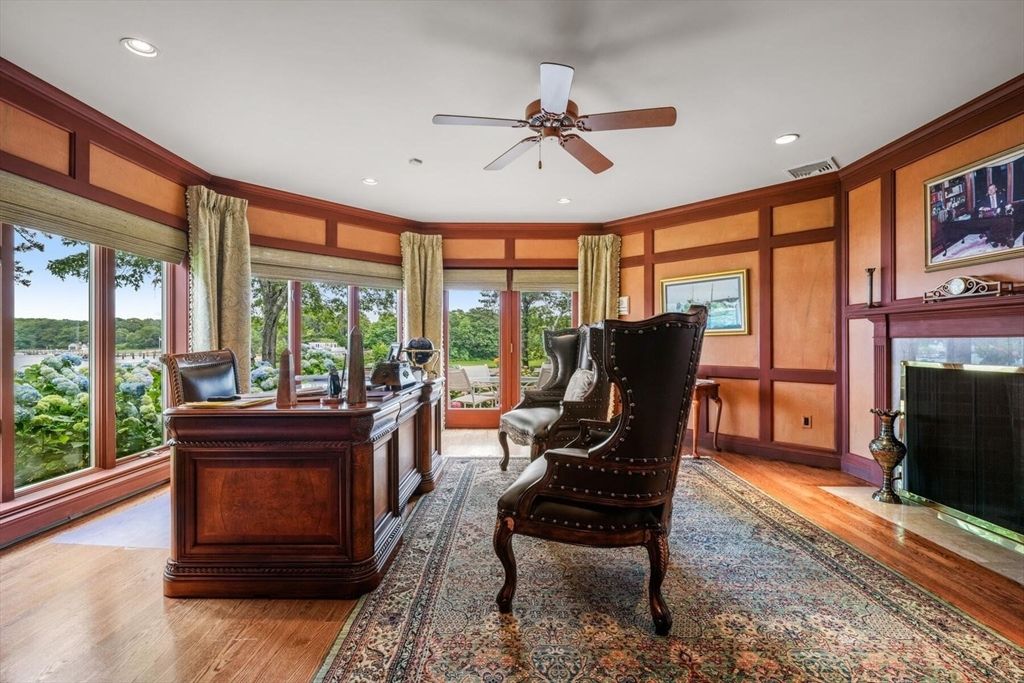 Fireplace, Home Office, Interior, Recessed Lighting, Wood Texture Flooring