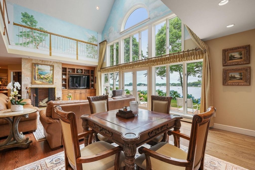Dining room, Fireplace, Interior, Recessed Lighting, Water, Wood Texture Flooring