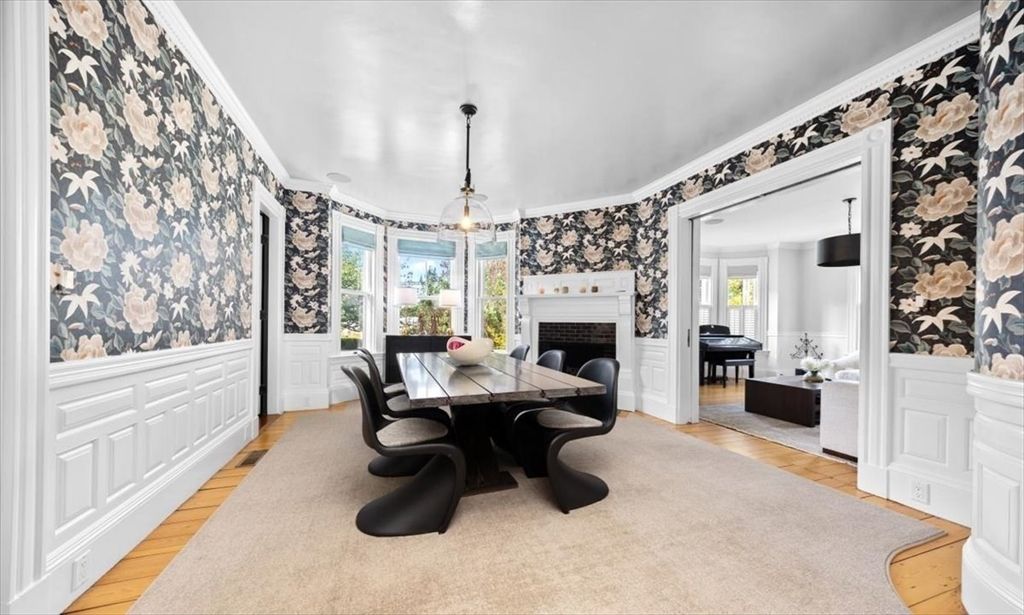 Dining room, Fireplace, Interior, Pendant Lights, Piano, Wood Texture Flooring