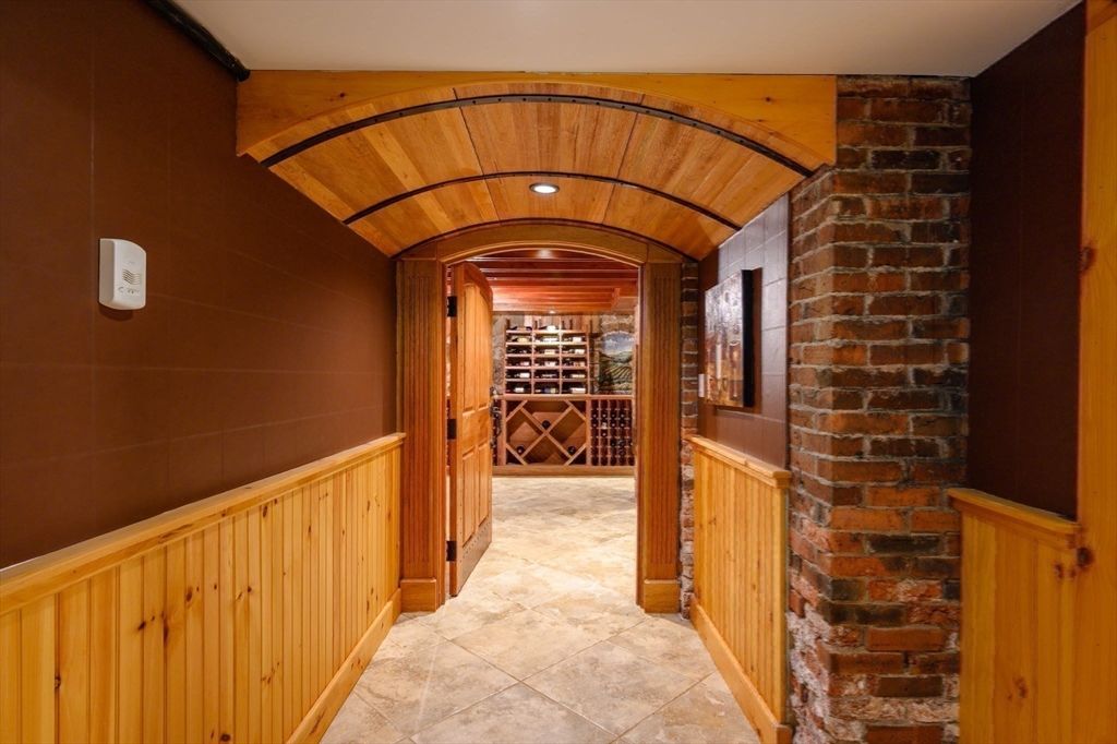 Interior, Recessed Lighting, Stone Walls, Wine Storage, Wooden Ceilings