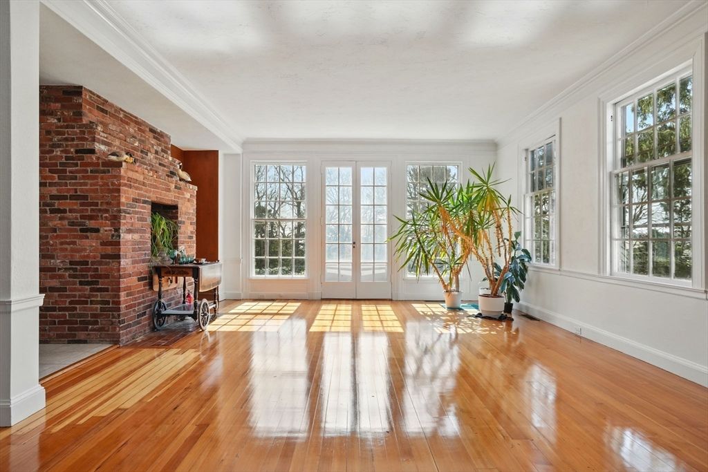 Empty room, Fireplace, Interior, Stone Walls, Wood Texture Flooring