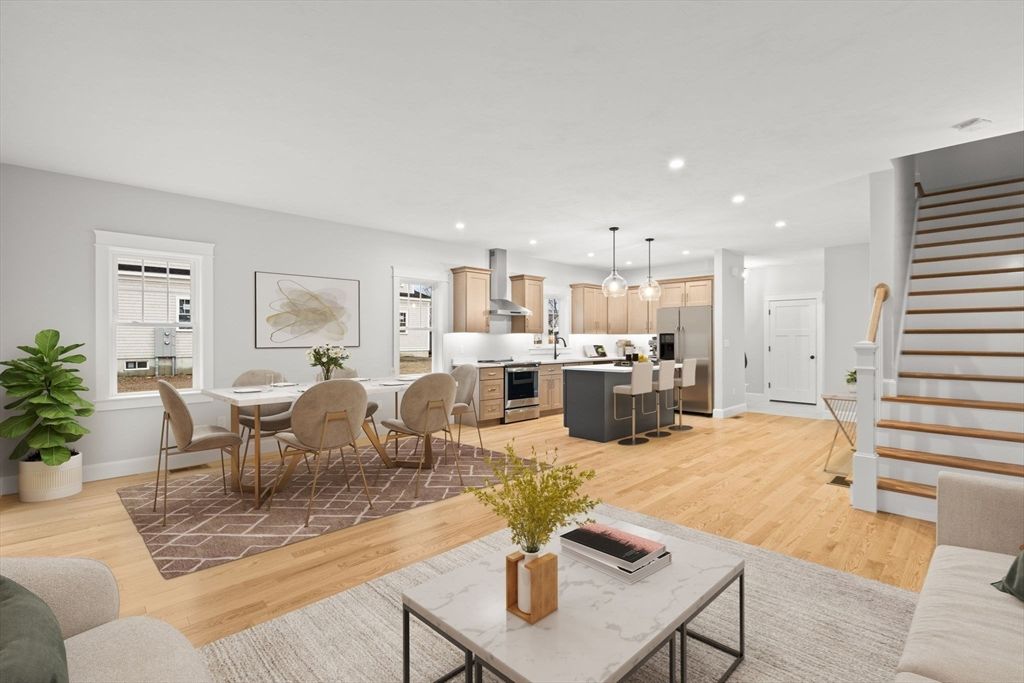 Dining room, Interior, Kitchen, Pendant Lights, Recessed Lighting, Stainless Steel Appliances, Wood Texture Flooring