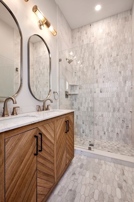 Bathroom, Dual Sink Vanities, Glass Shower, Interior, Recessed Lighting