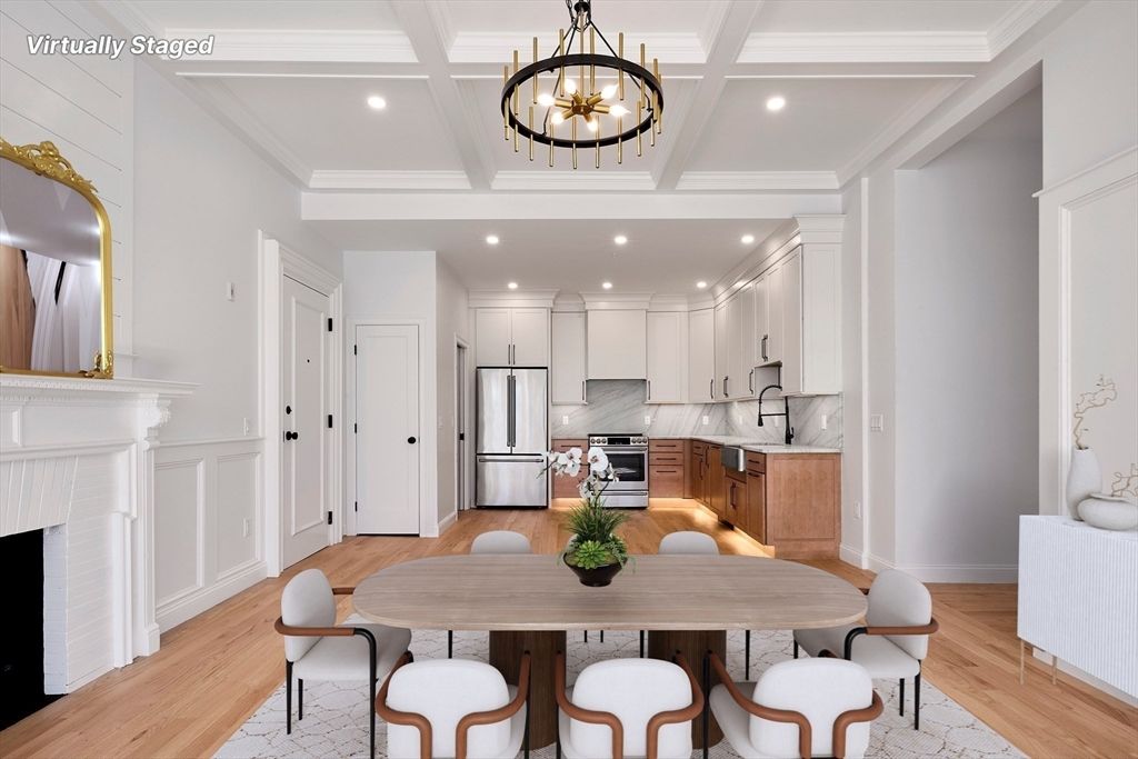 Chandelier, Dining room, Interior, Kitchen, Recessed Lighting, Stainless Steel Appliances, Wood Texture Flooring