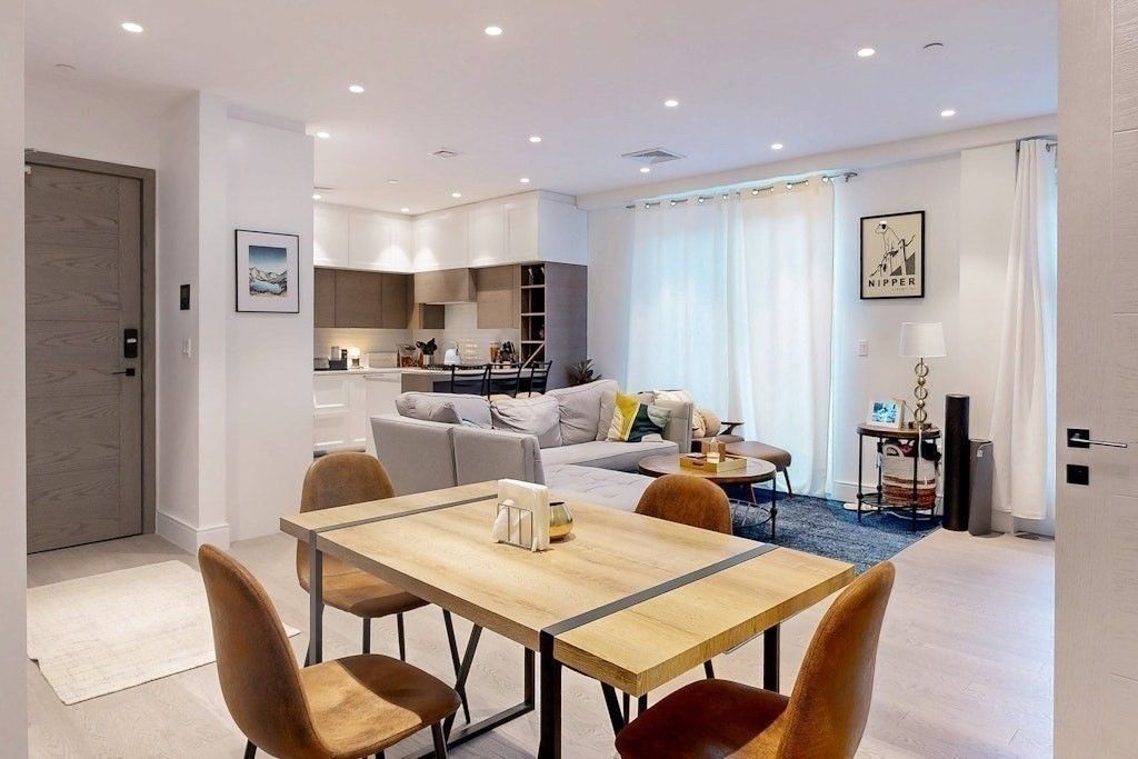 Dining room, Interior, Kitchen, Living room, Recessed Lighting, Wood Texture Flooring