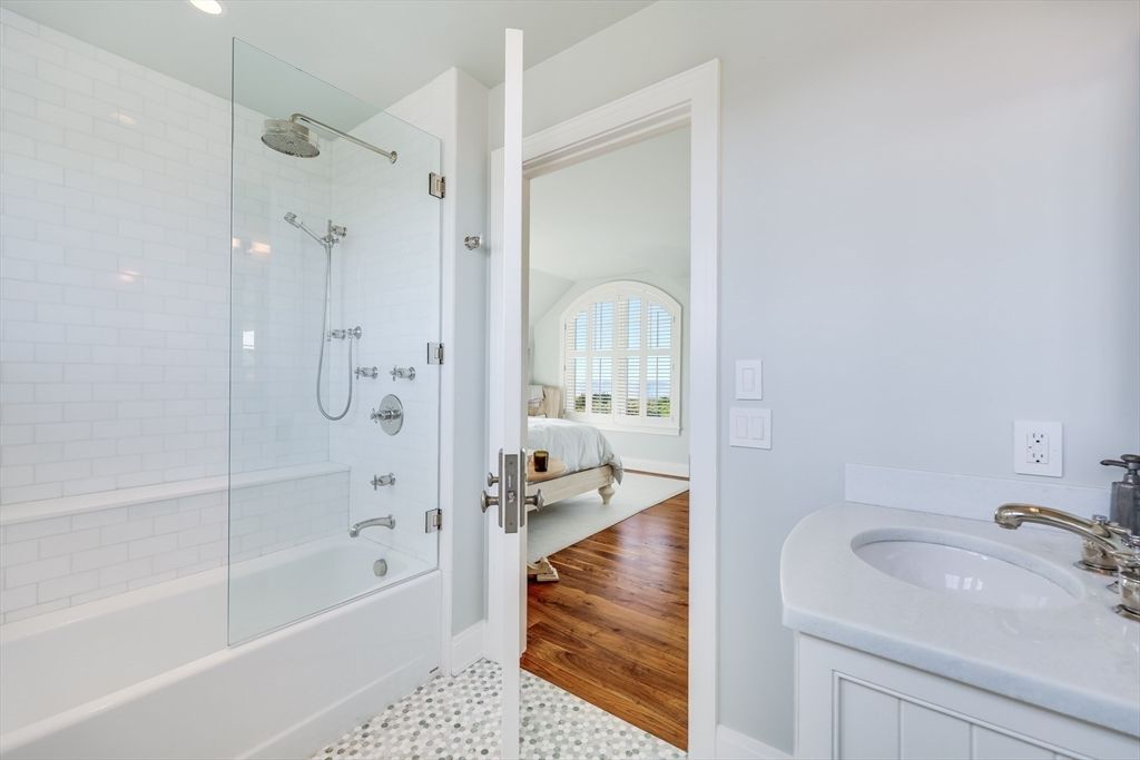 Bathroom, Bedroom, Glass Shower, Interior, Recessed Lighting, Wood Texture Flooring