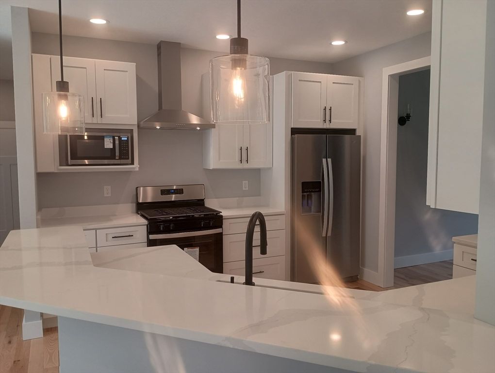 Interior, Kitchen, Pendant Lights, Recessed Lighting, Stainless Steel Appliances, Wood Texture Flooring