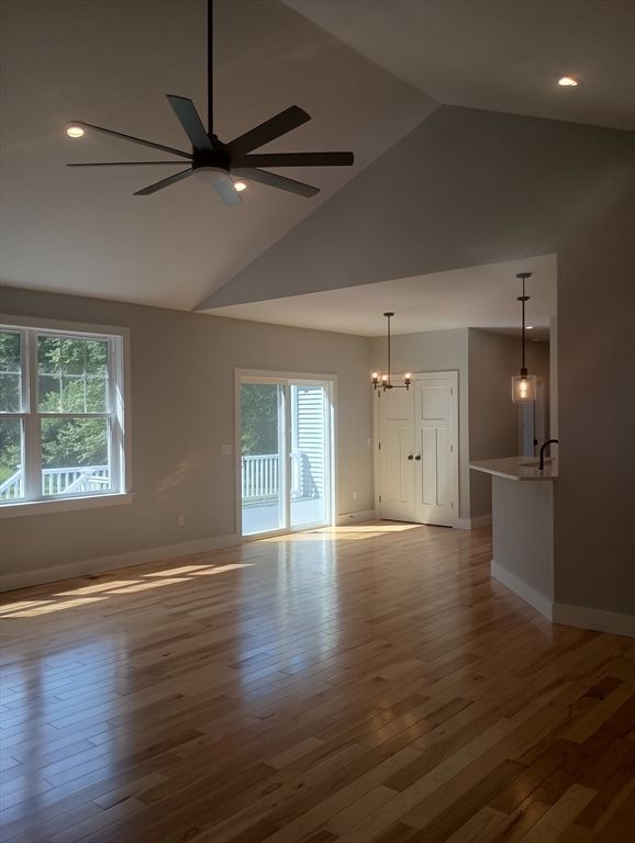 Empty room, Interior, Pendant Lights, Recessed Lighting, Wood Texture Flooring