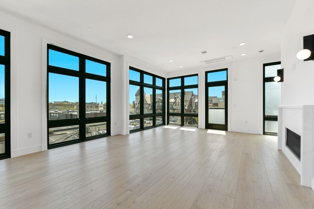 Empty room, Fireplace, Interior, Pendant Lights, Recessed Lighting, Wood Texture Flooring