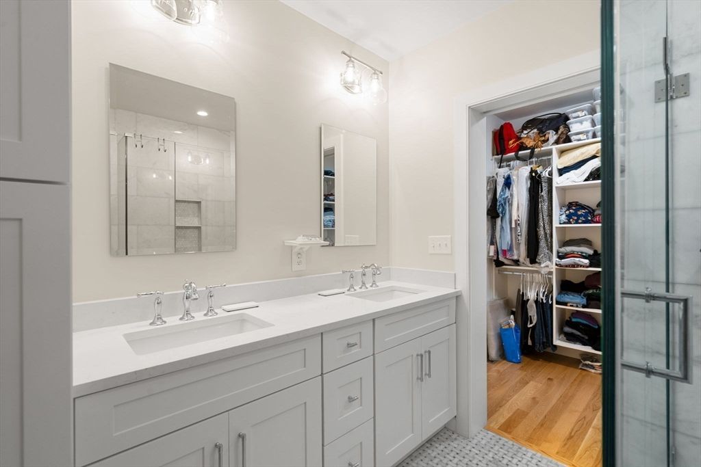 Bathroom, Dual Sink Vanities, Glass Shower, Interior, Walk-in Closets, Wood Texture Flooring